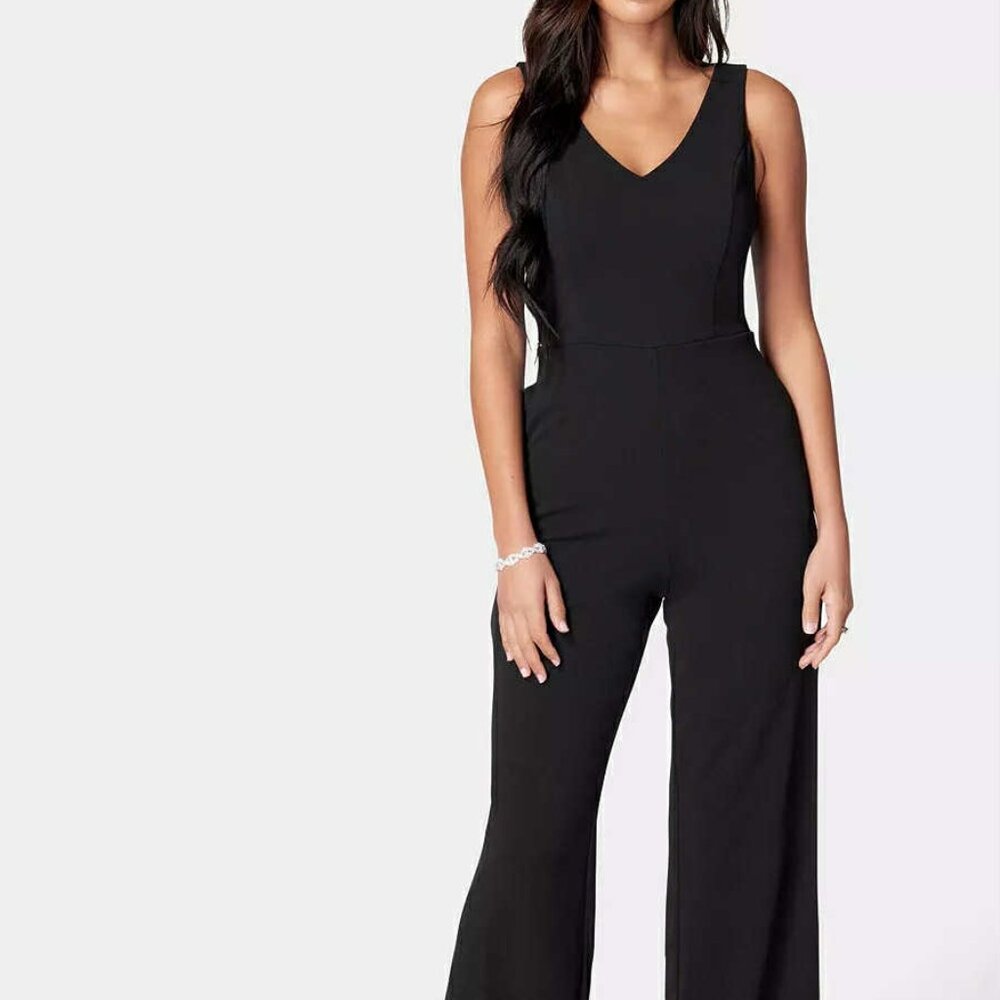 Crystal Sky Plunge Wide-Leg Jumpsuit Side Pockets Back Zip-up Black X-Small